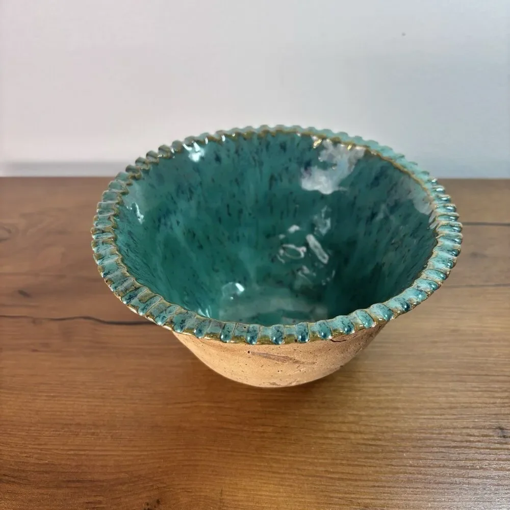 Handmade Artisan Hand Stamped Pottery Nautical Coastal Sea Creature Bowl Teal